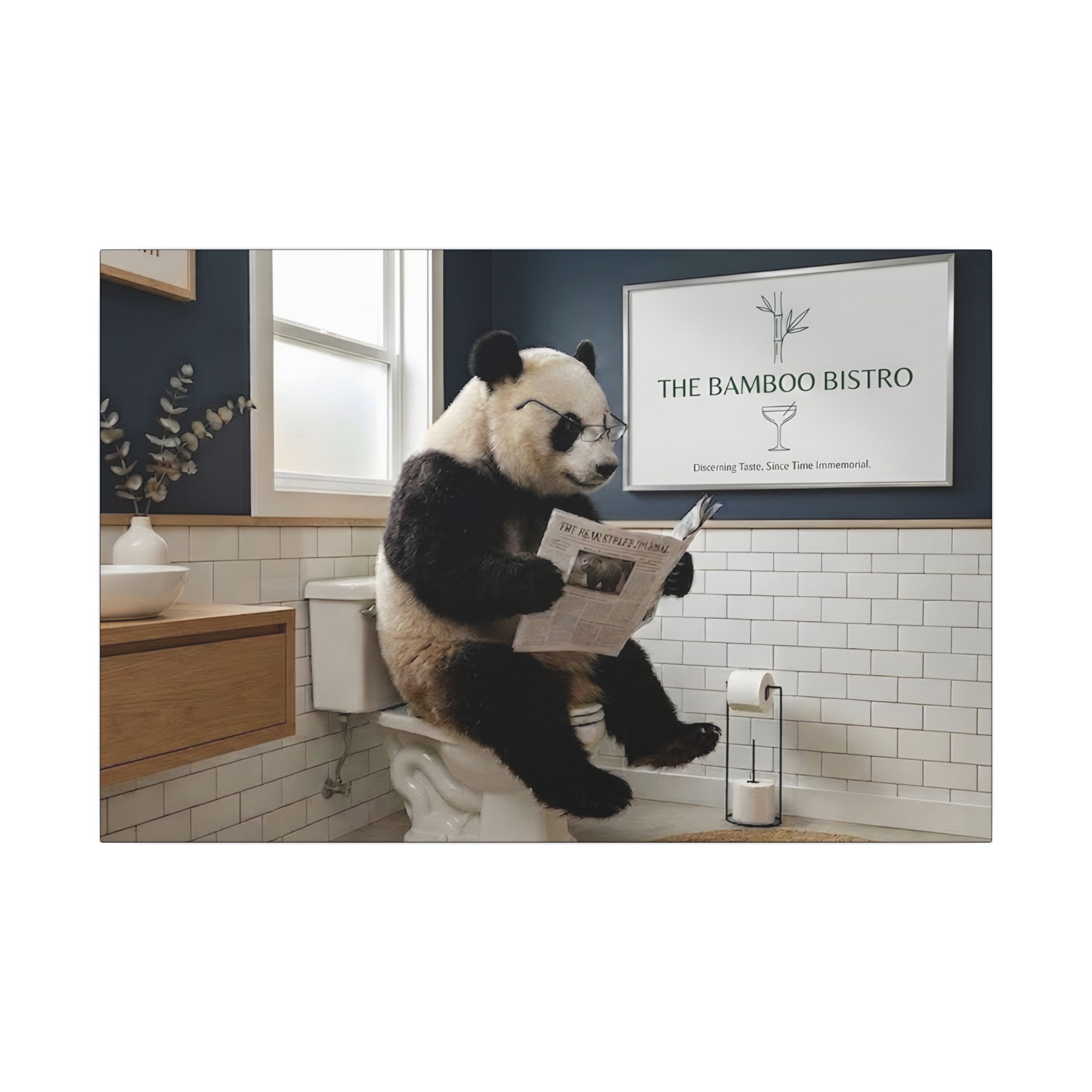 Panda reading on the toilet humorous bathroom art canvas print detail