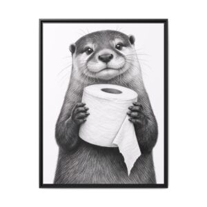 Smiling Otter Holding Toilet Paper Matte Canvas Framed | Funny Bathroom Wall Art