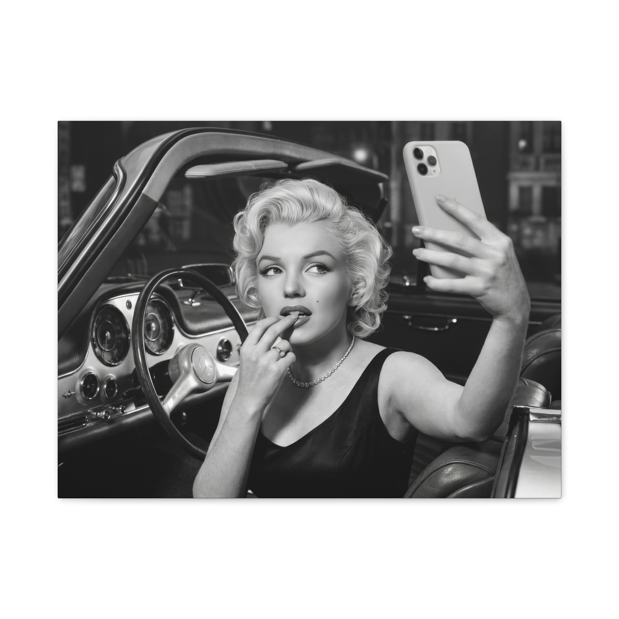 Marilyn Monroe taking a selfie retro bathroom wall art canvas print detail
