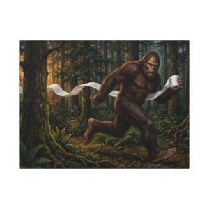 Bigfoot Running With Toilet Paper - Funny Bathroom Art - Matte Canvas Wall Art - humorous bathroom art canvas print