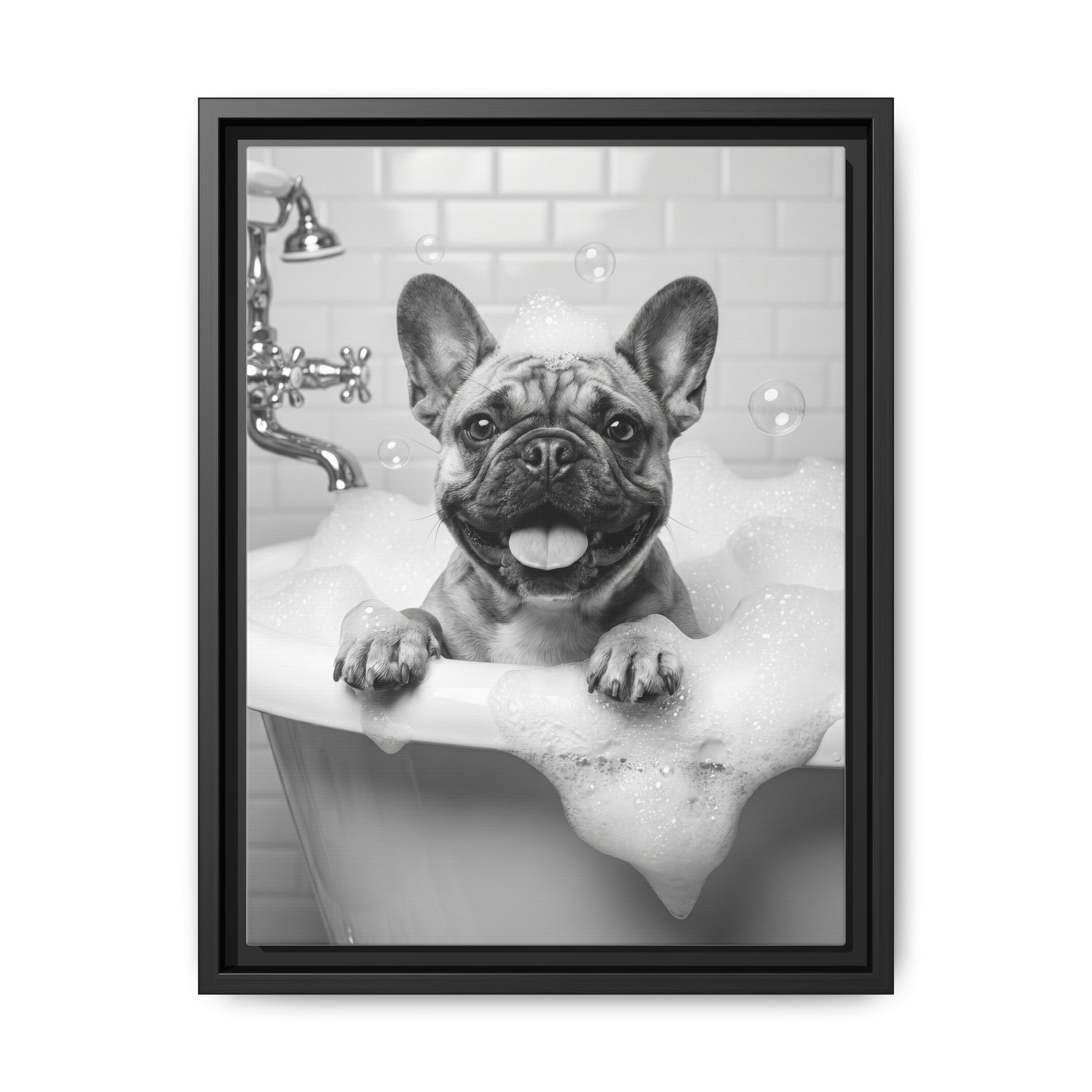 French Bulldog bubble bath funny bathroom wall art canvas print detail