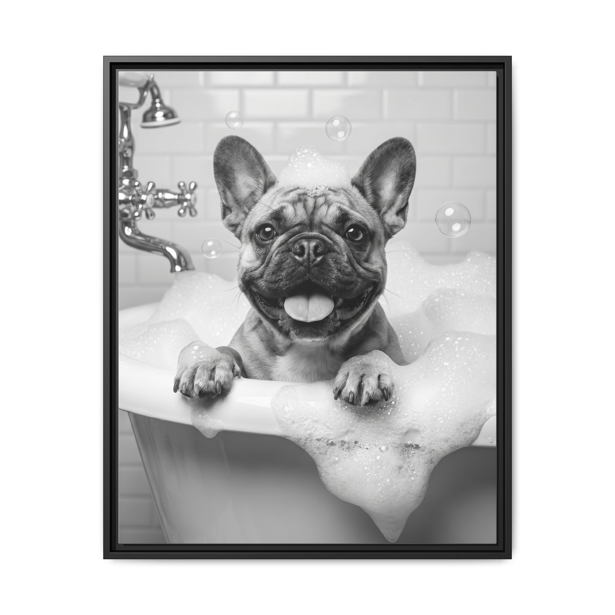 French Bulldog Bubble Bath Funny Bathroom Wall Art - Black Framed Matte Canvas - Image 9