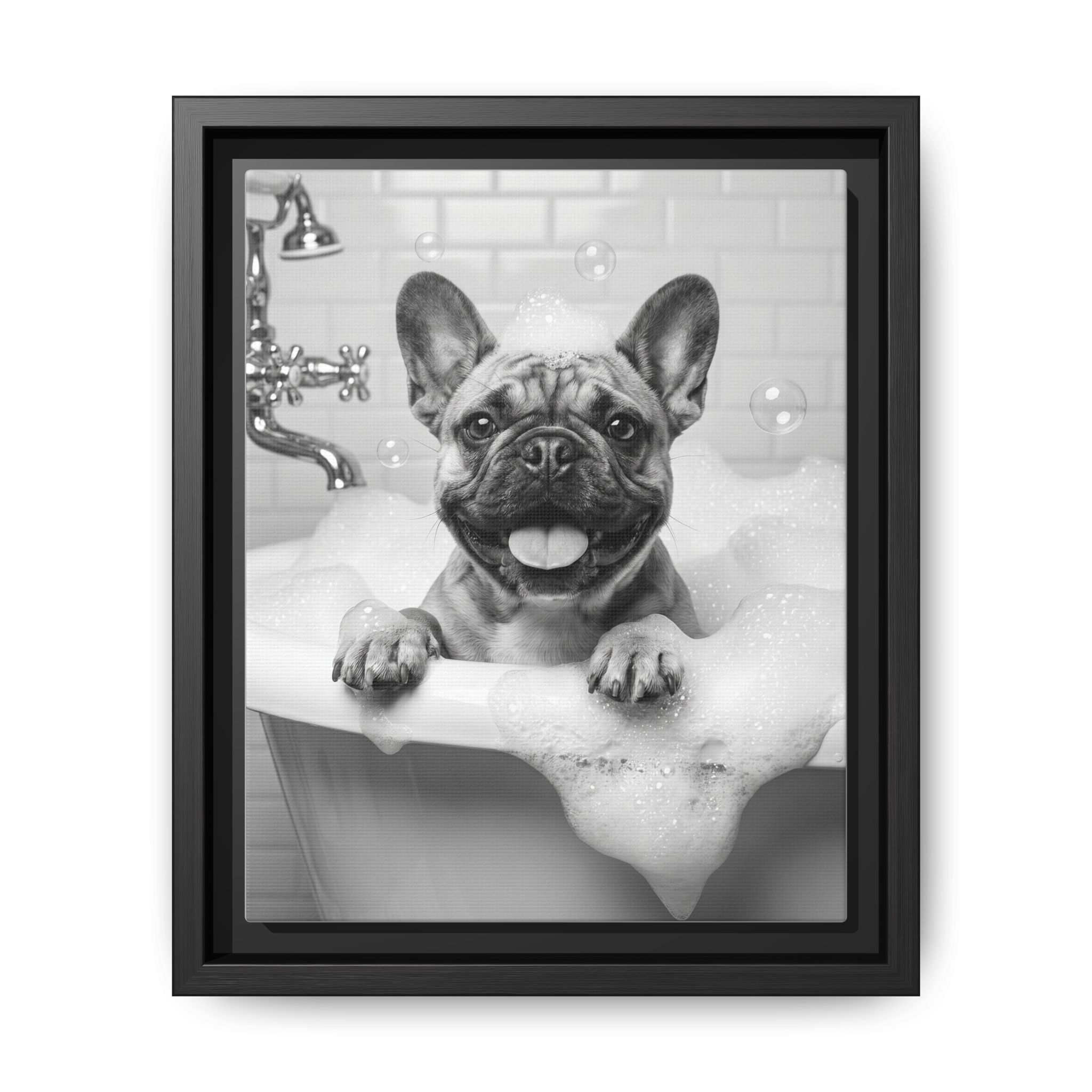 French Bulldog Bubble Bath Funny Bathroom Wall Art - Black Framed Matte Canvas - Image 5