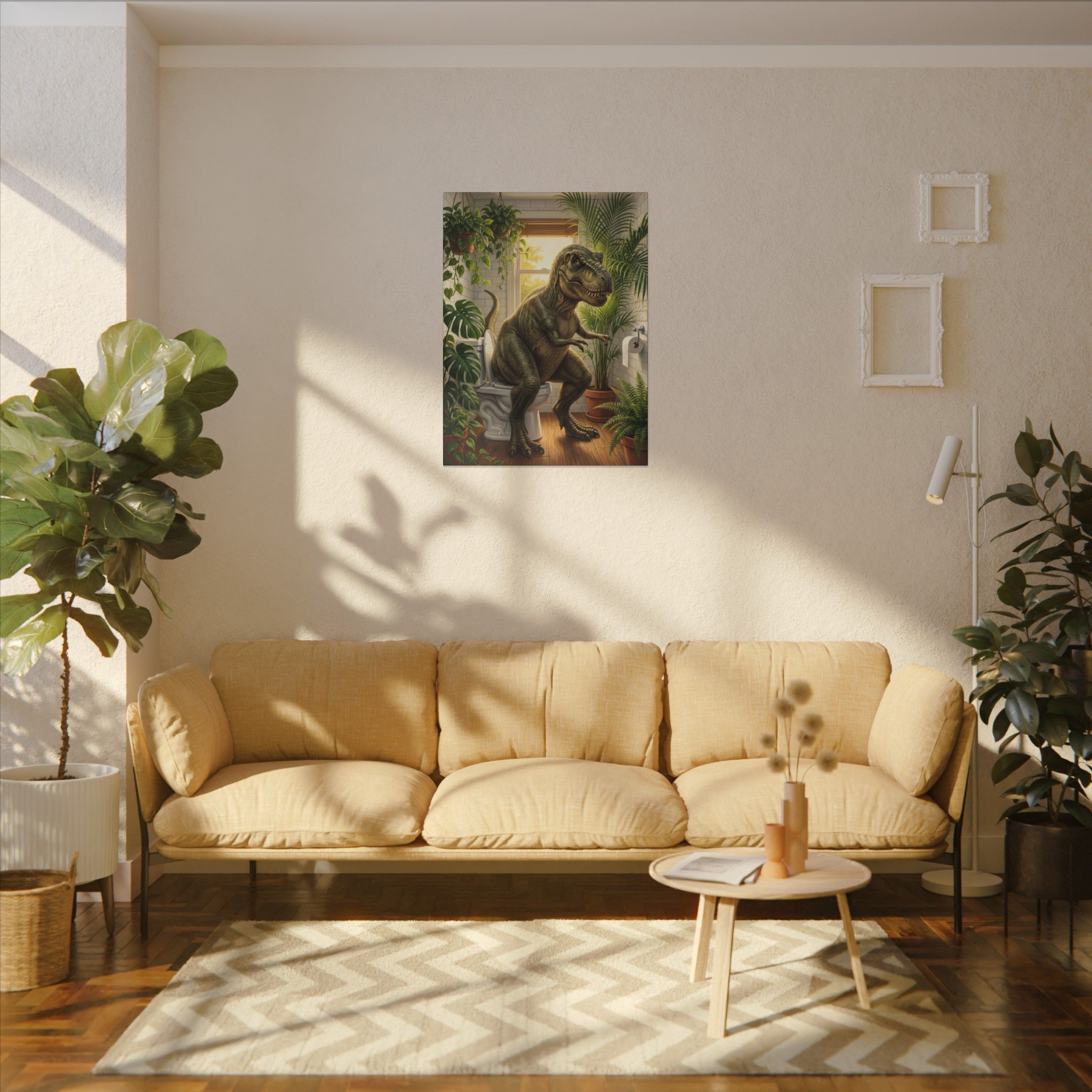 T-Rex on the Toilet Canvas Print — Funny Dinosaur Bathroom Wall Art - Image 19