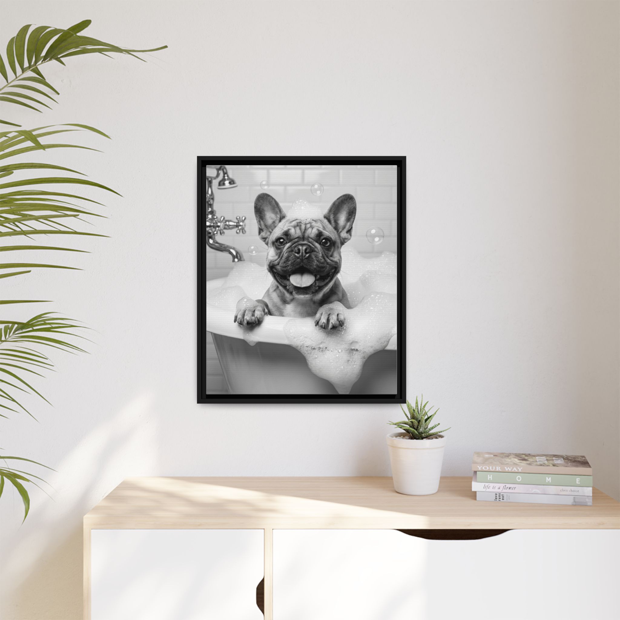 French Bulldog Bubble Bath Funny Bathroom Wall Art - Black Framed Matte Canvas - Image 15