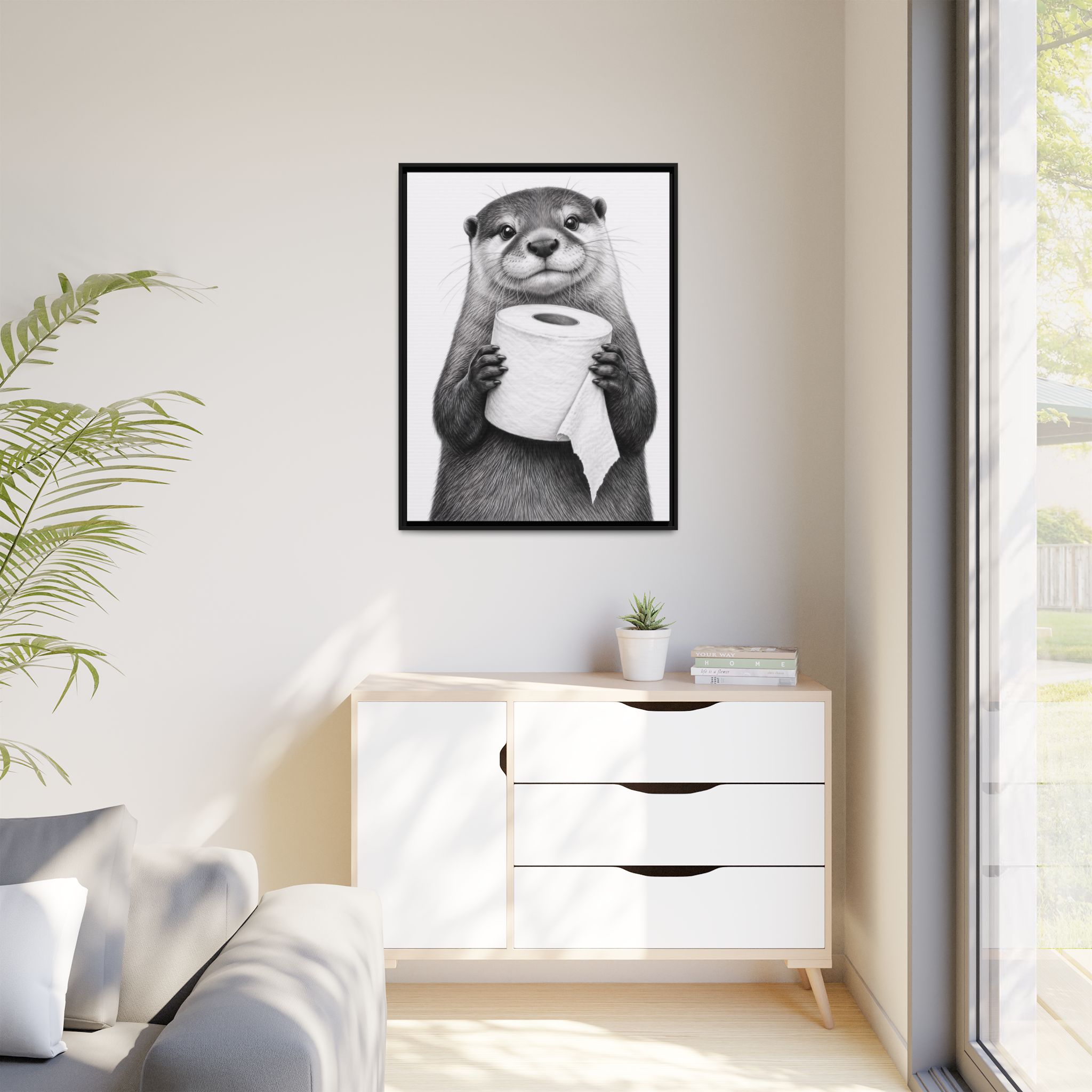 Smiling Otter Holding Toilet Paper Matte Canvas Framed | Funny Bathroom Wall Art - Image 3