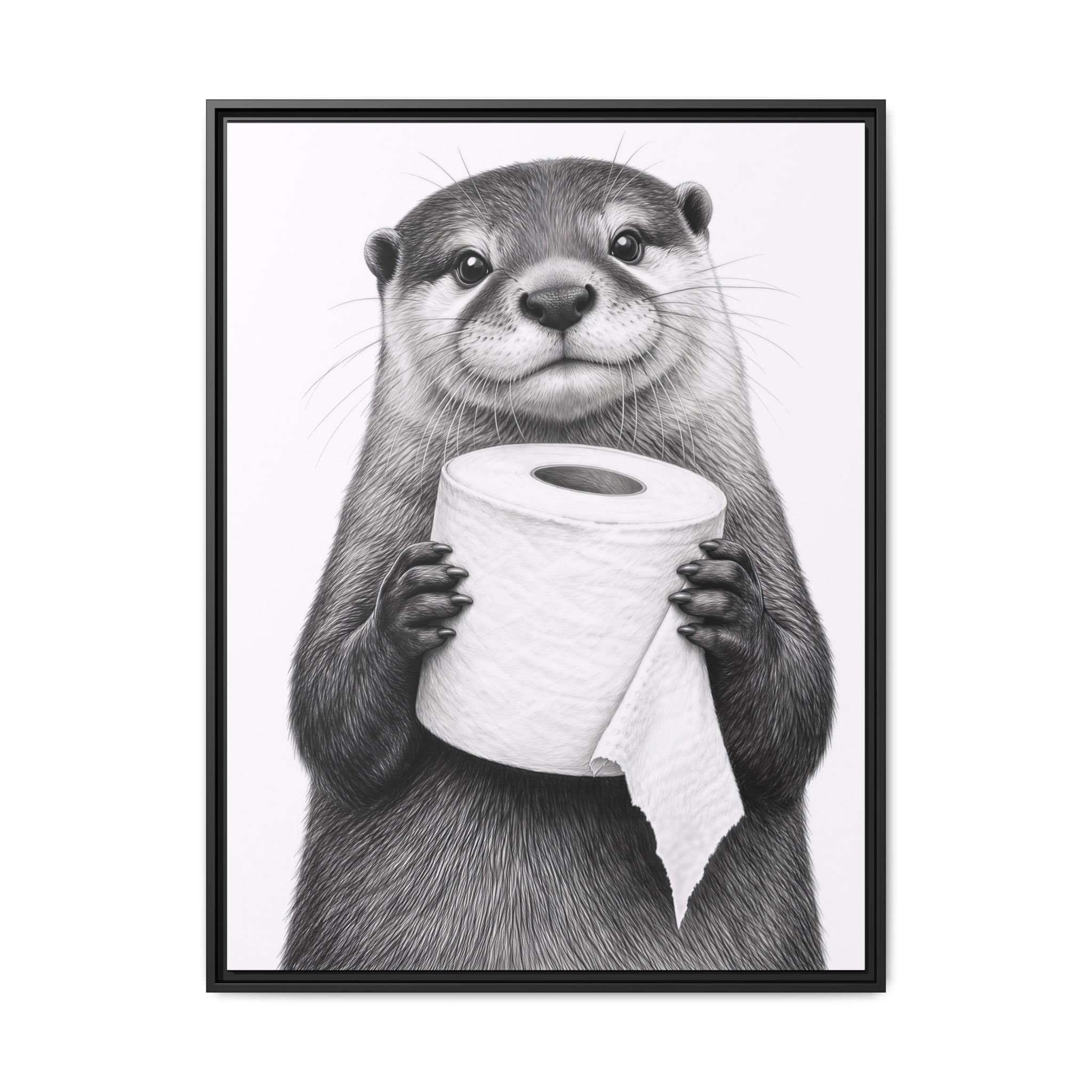 Smiling Otter Holding Toilet Paper Matte Canvas Framed | Funny Bathroom Wall Art