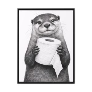 Smiling Otter Holding Toilet Paper Matte Canvas Framed | Funny Bathroom Wall Art