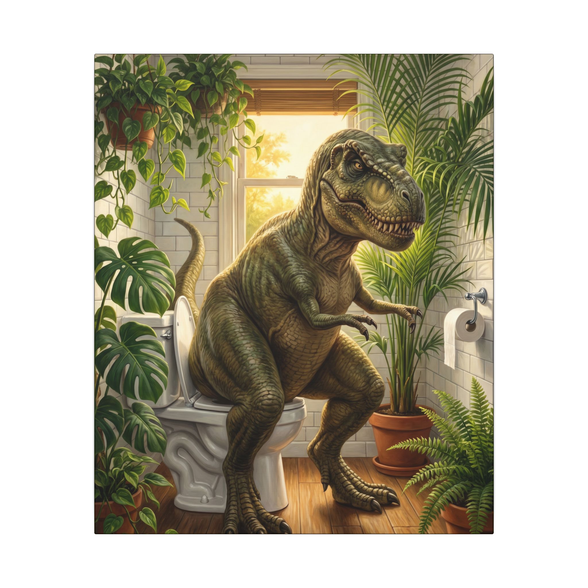 T-Rex on the Toilet Canvas Print — Funny Dinosaur Bathroom Wall Art - Image 21