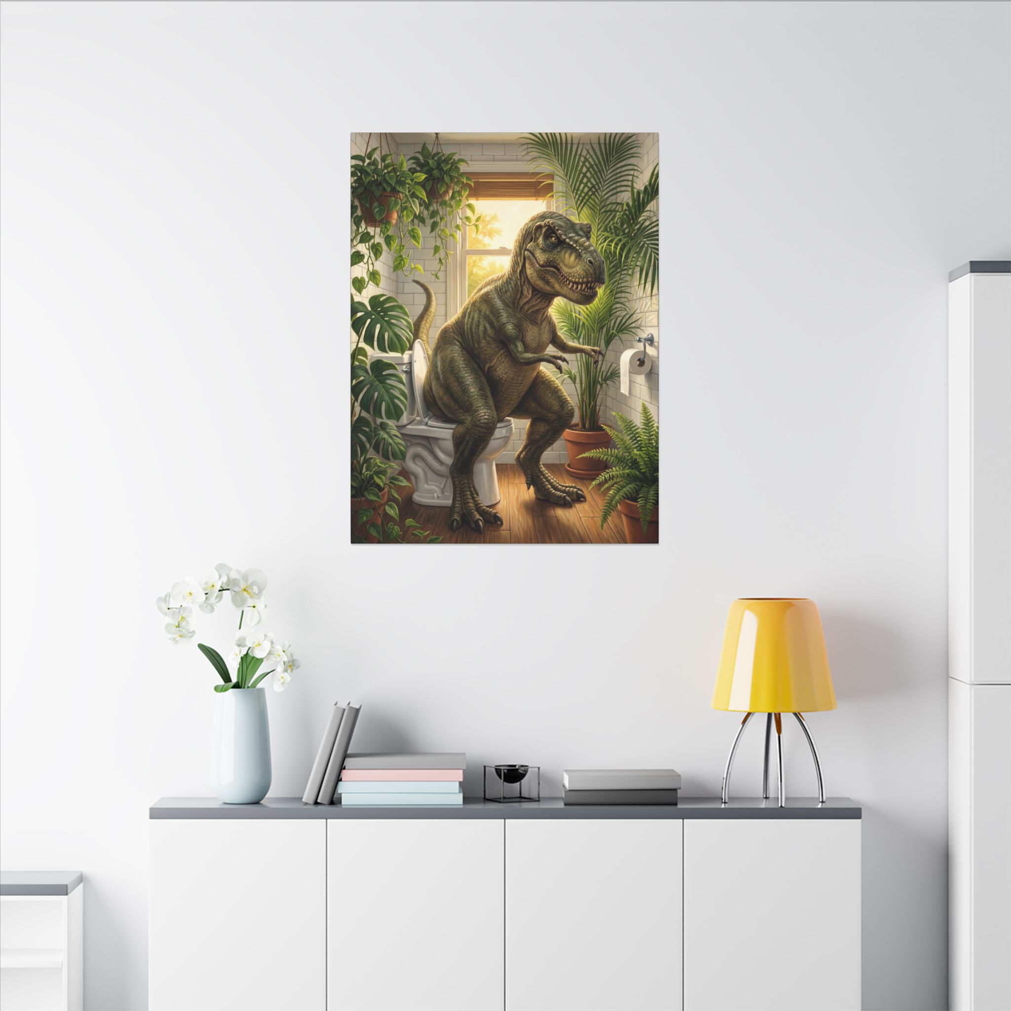 T-Rex on the Toilet Canvas Print — Funny Dinosaur Bathroom Wall Art - Image 20