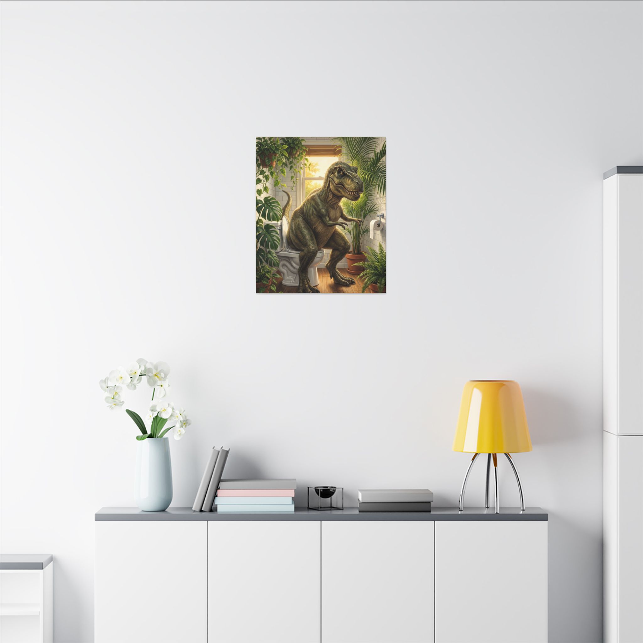 T-Rex on the Toilet Canvas Print — Funny Dinosaur Bathroom Wall Art - Image 24