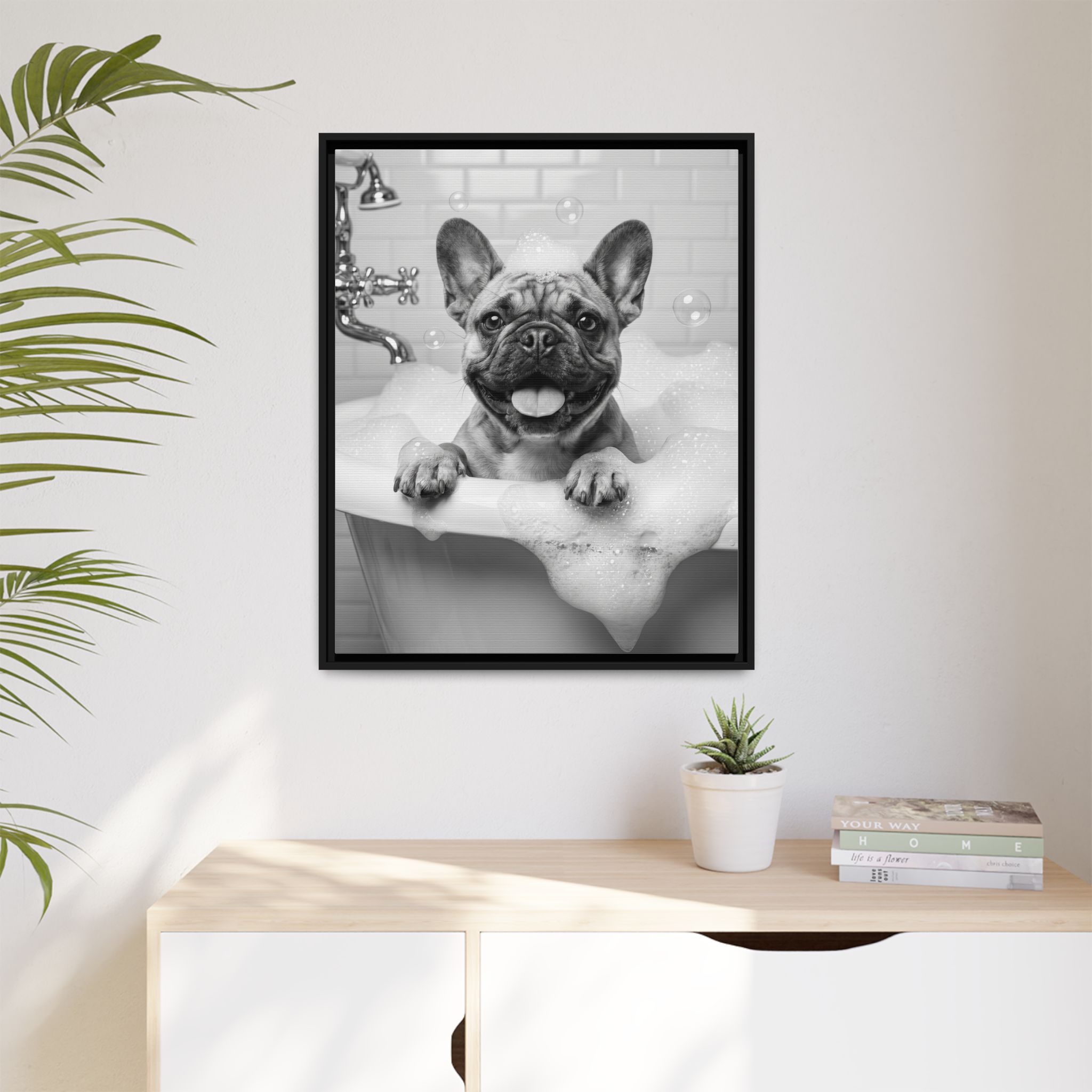 French Bulldog Bubble Bath Funny Bathroom Wall Art - Black Framed Matte Canvas - Image 11