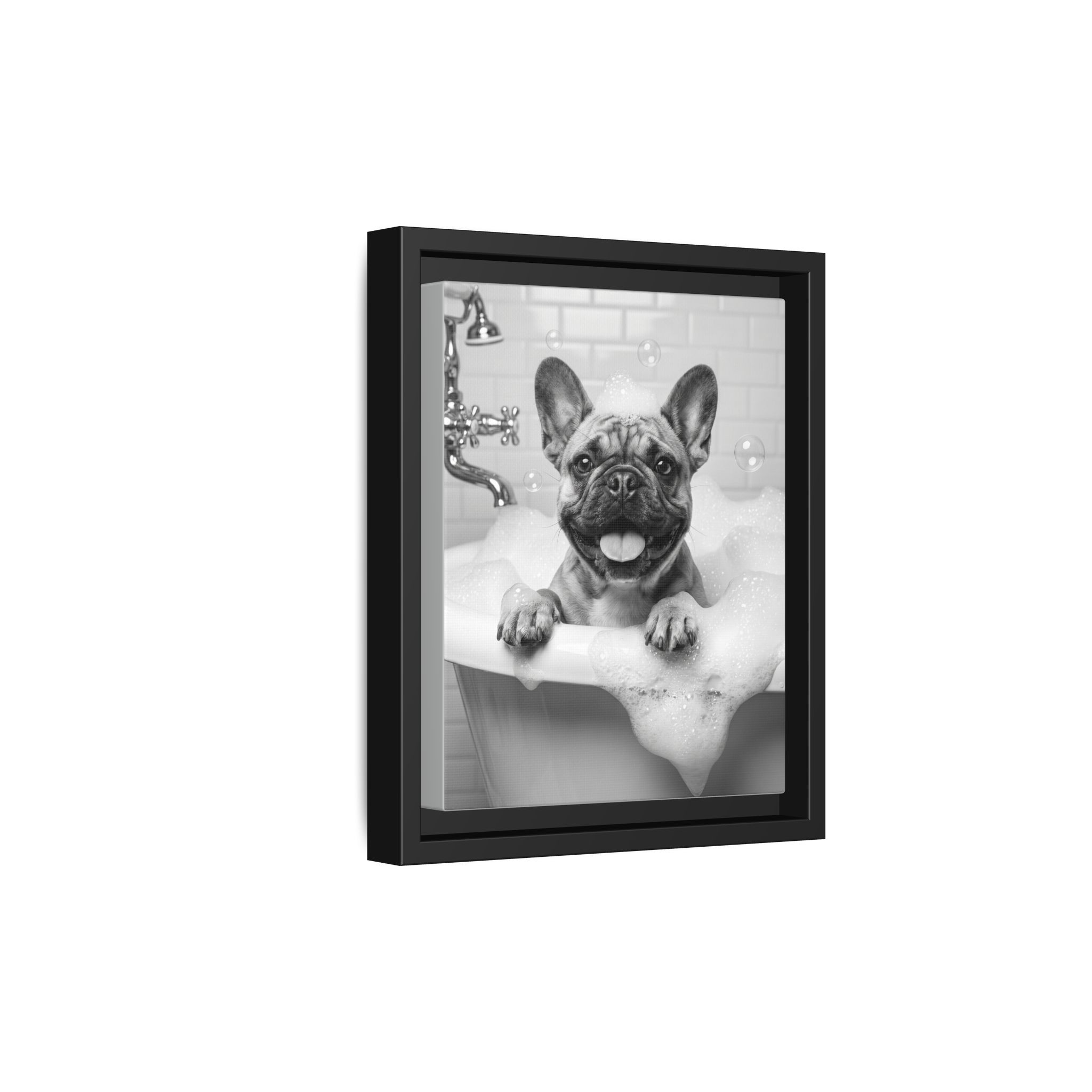 French Bulldog Bubble Bath Funny Bathroom Wall Art - Black Framed Matte Canvas - Image 6