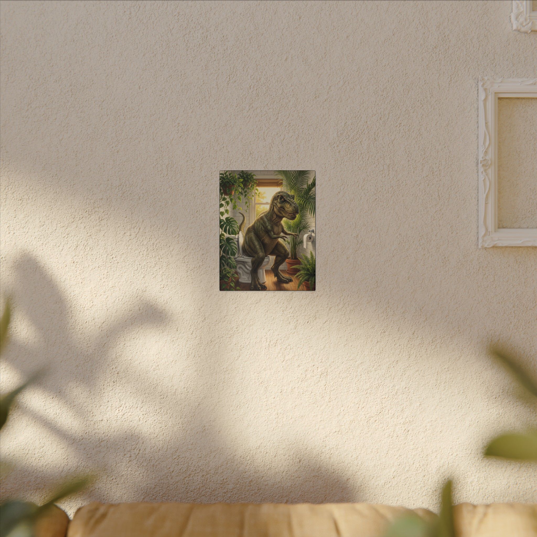 T-Rex on the Toilet Canvas Print — Funny Dinosaur Bathroom Wall Art - Image 3