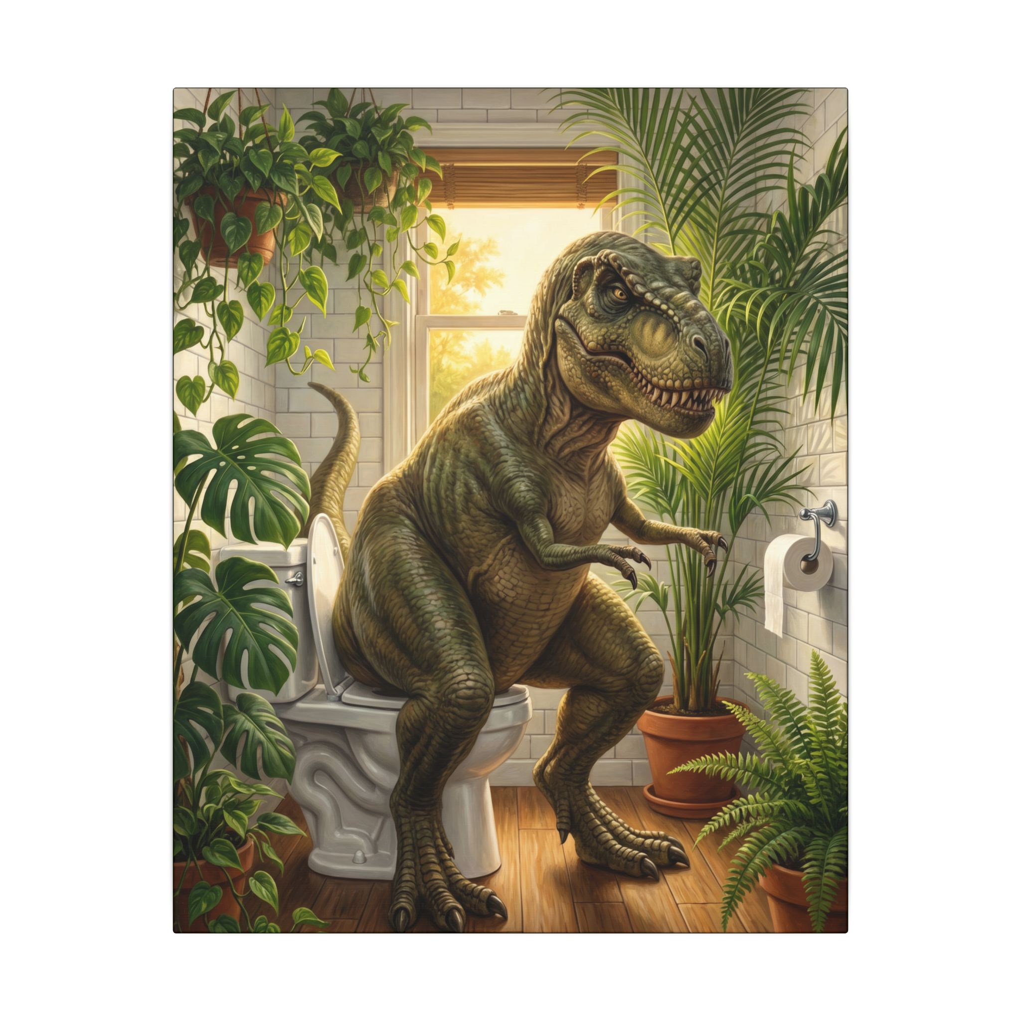 T-Rex on the Toilet Canvas Print — Funny Dinosaur Bathroom Wall Art - Image 9