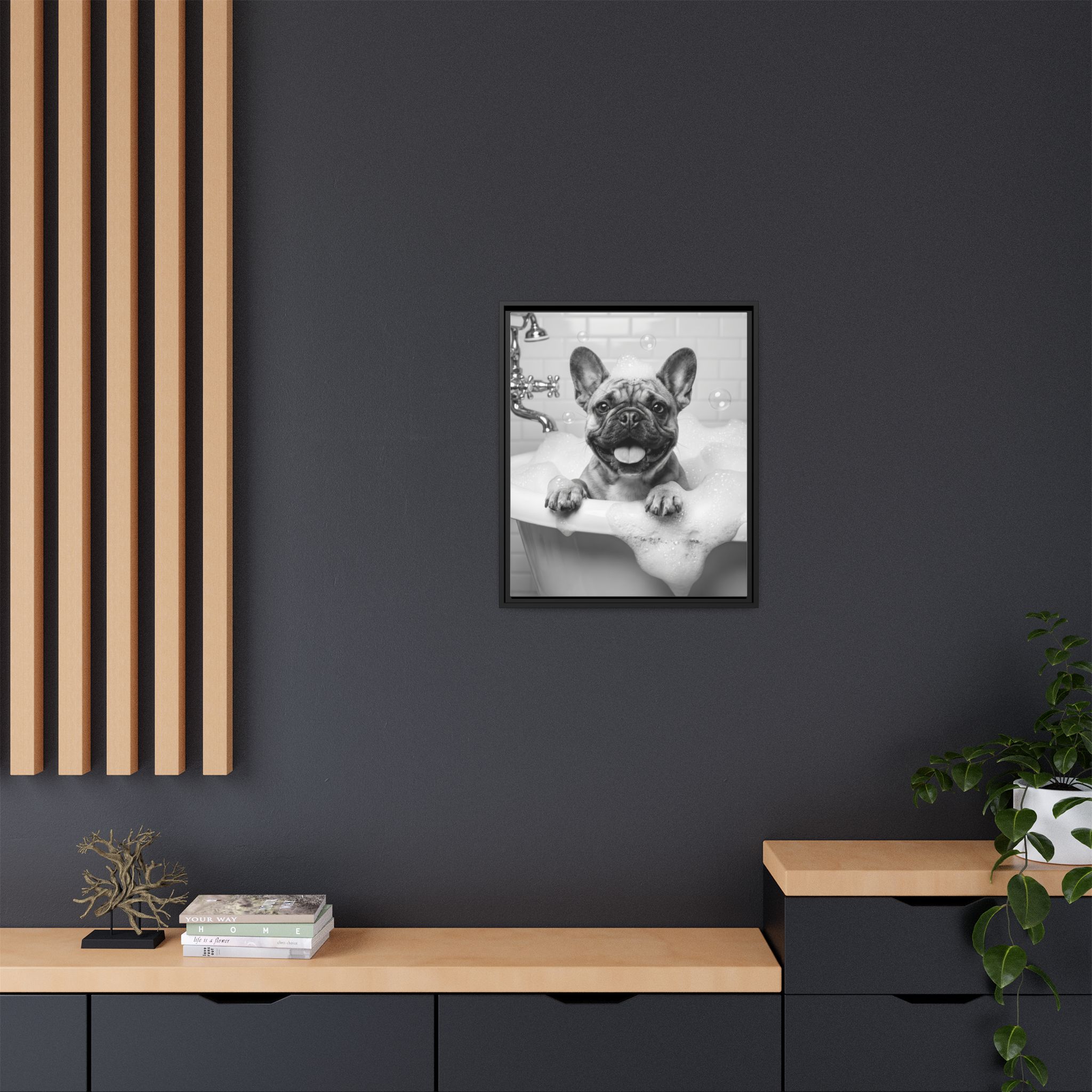 French Bulldog Bubble Bath Funny Bathroom Wall Art - Black Framed Matte Canvas - Image 16