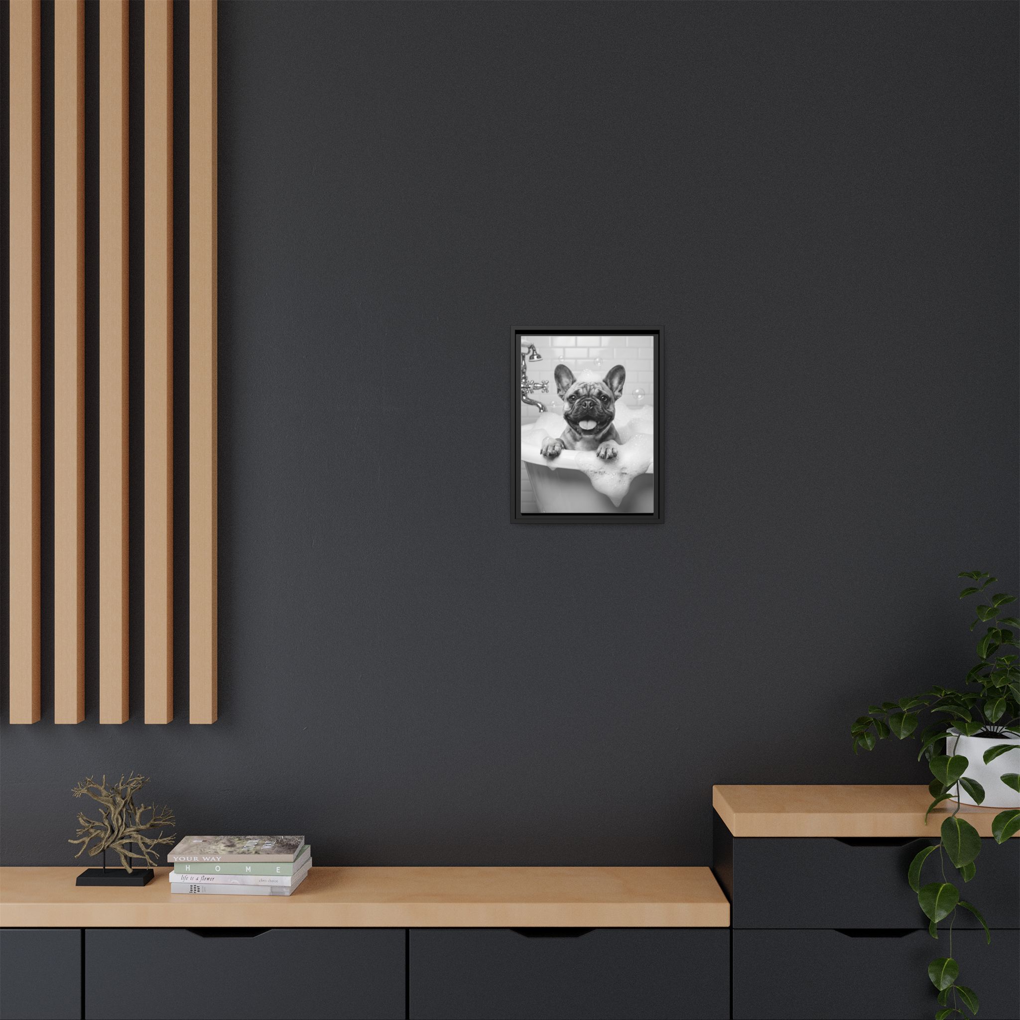 French Bulldog Bubble Bath Funny Bathroom Wall Art - Black Framed Matte Canvas - Image 4