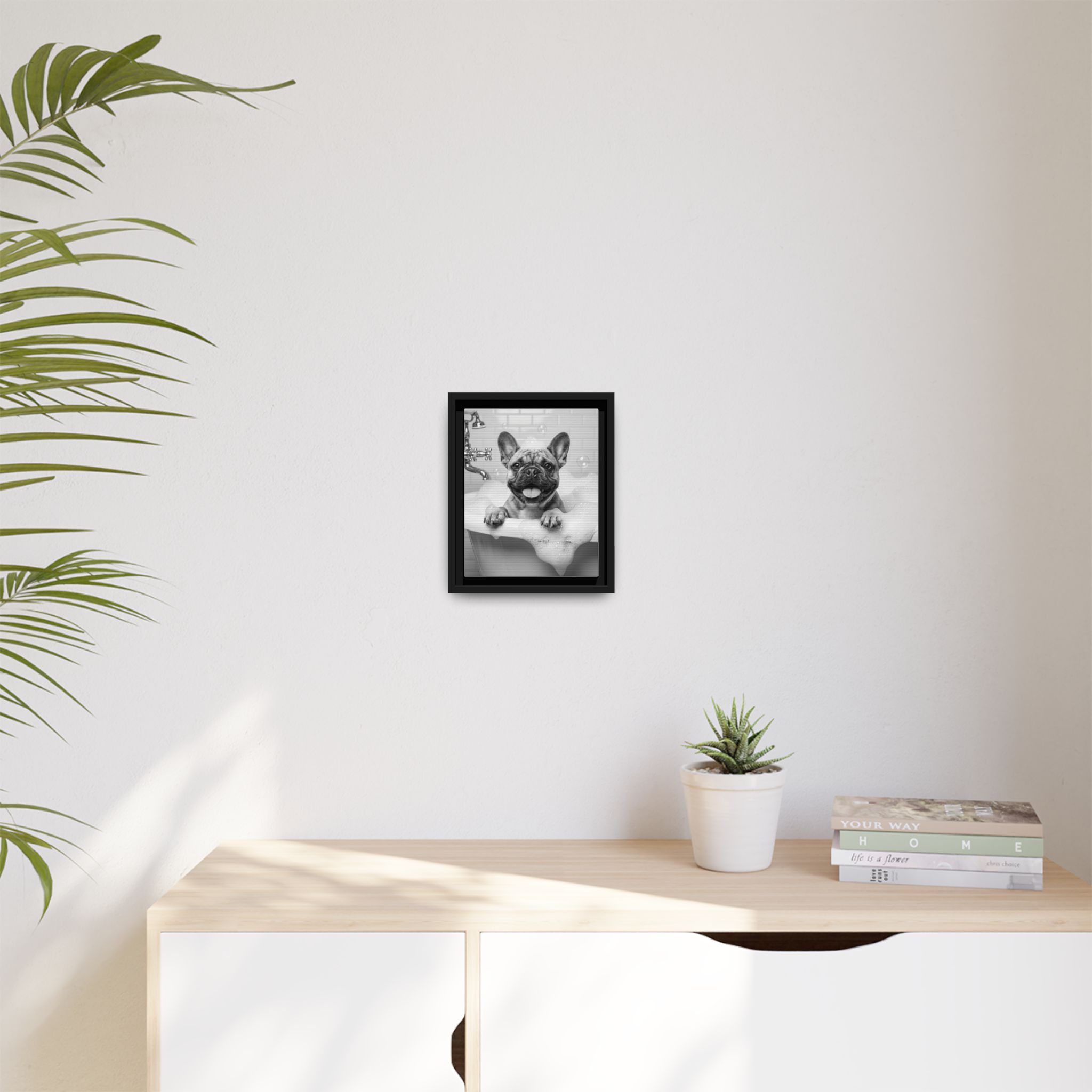 French Bulldog Bubble Bath Funny Bathroom Wall Art - Black Framed Matte Canvas - Image 7