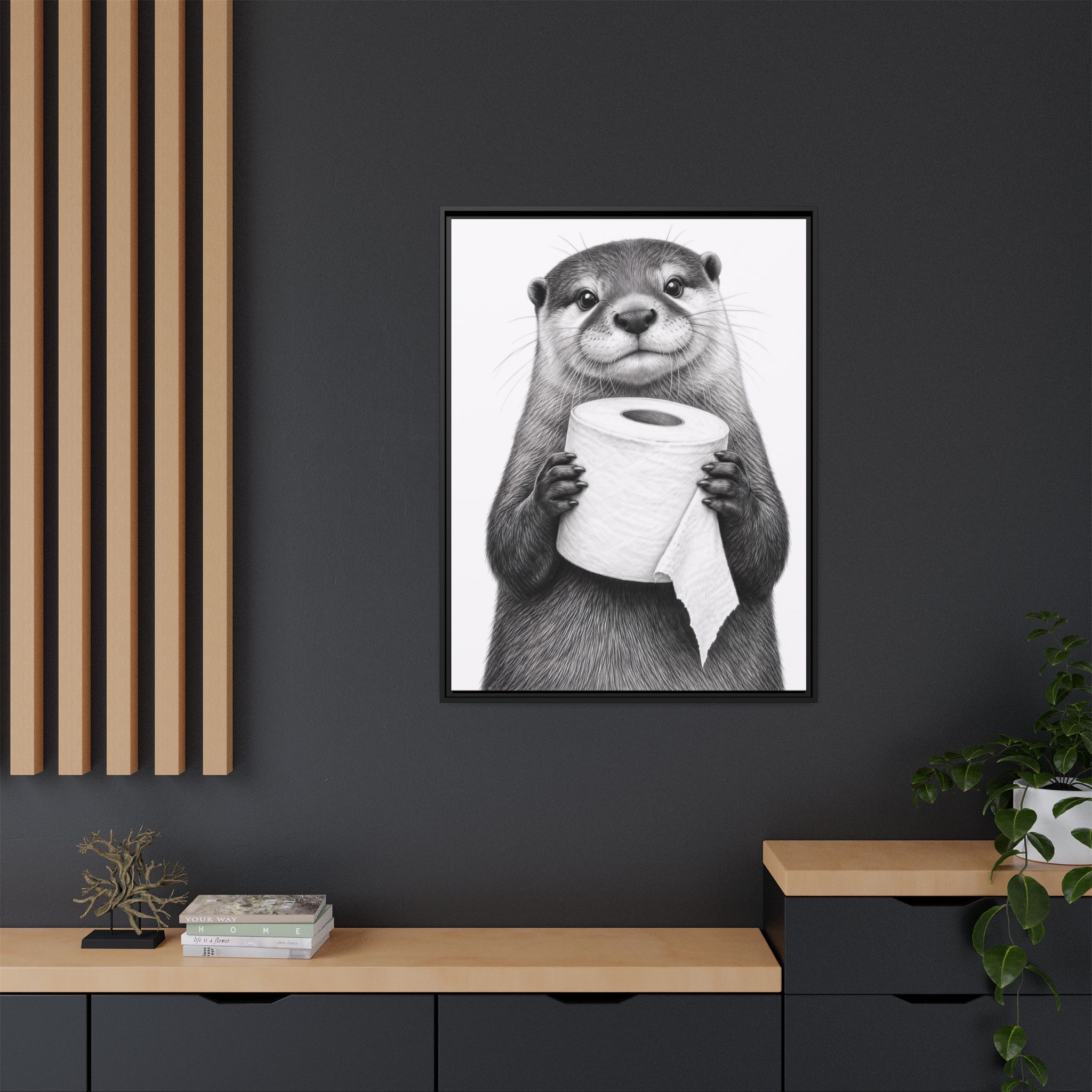 Smiling Otter Holding Toilet Paper Matte Canvas Framed | Funny Bathroom Wall Art - Image 4