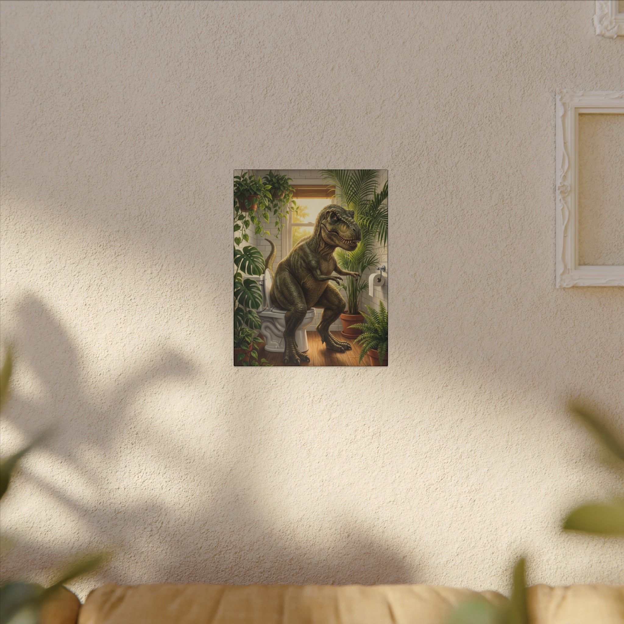 T-Rex on the Toilet Canvas Print — Funny Dinosaur Bathroom Wall Art - Image 15