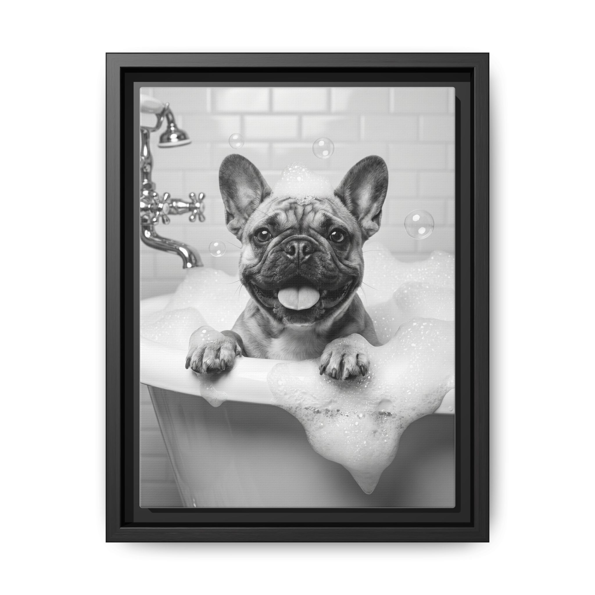 French Bulldog Bubble Bath Funny Bathroom Wall Art - Black Framed Matte Canvas - Image 17
