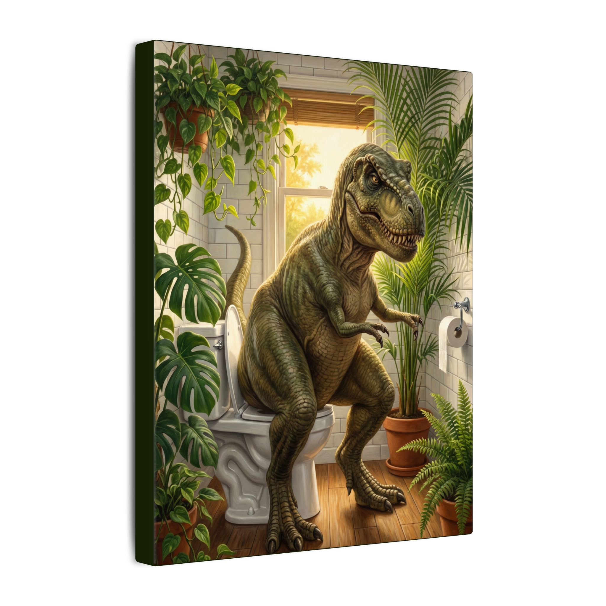 T-Rex on the Toilet Canvas Print — Funny Dinosaur Bathroom Wall Art - Image 2