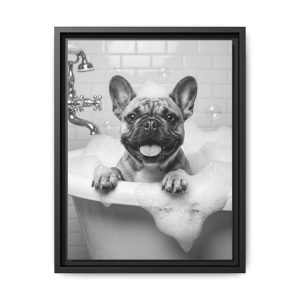 French Bulldog Bubble Bath Funny Bathroom Wall Art - Black Framed Matte Canvas