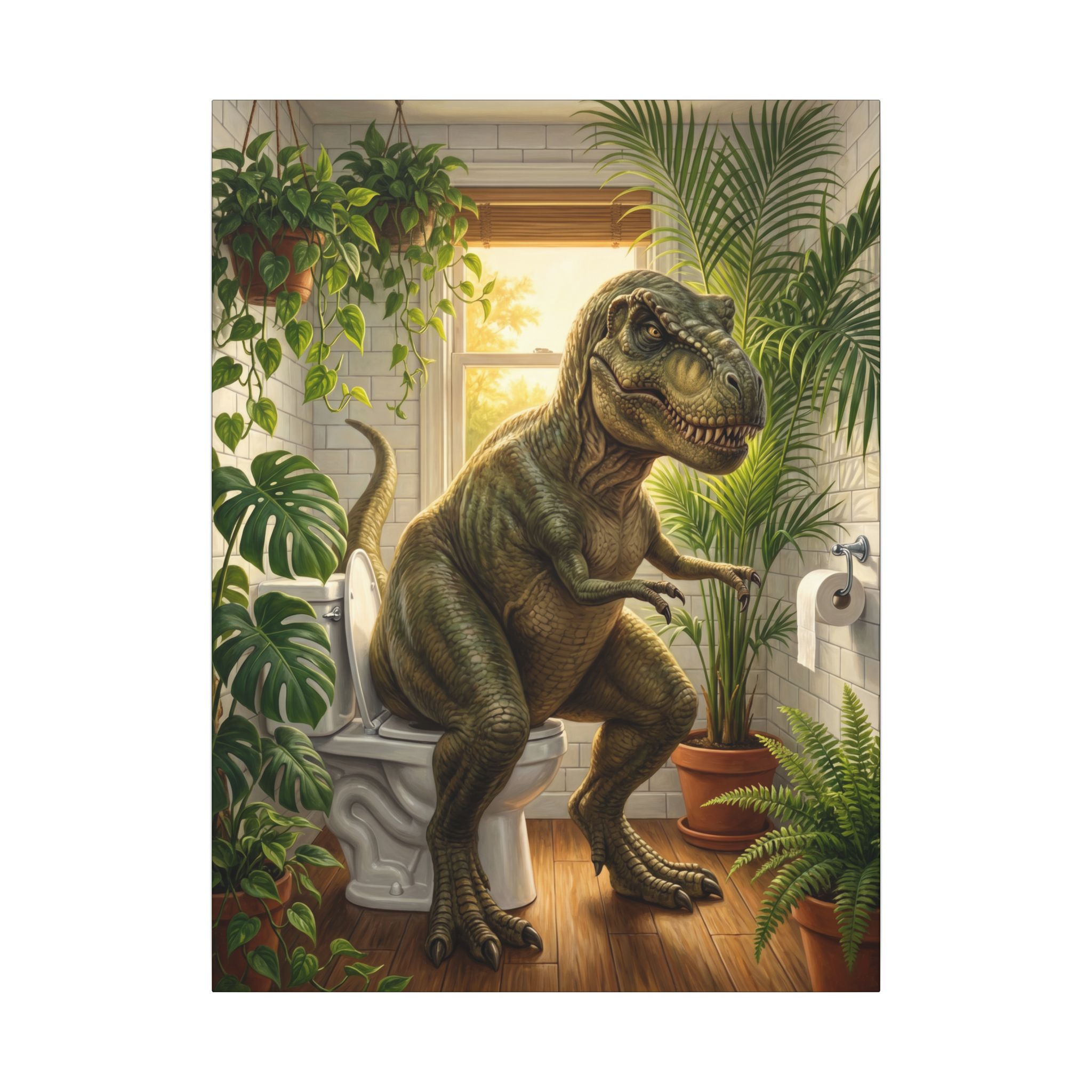 T-Rex on the Toilet Canvas Print — Funny Dinosaur Bathroom Wall Art - Image 17