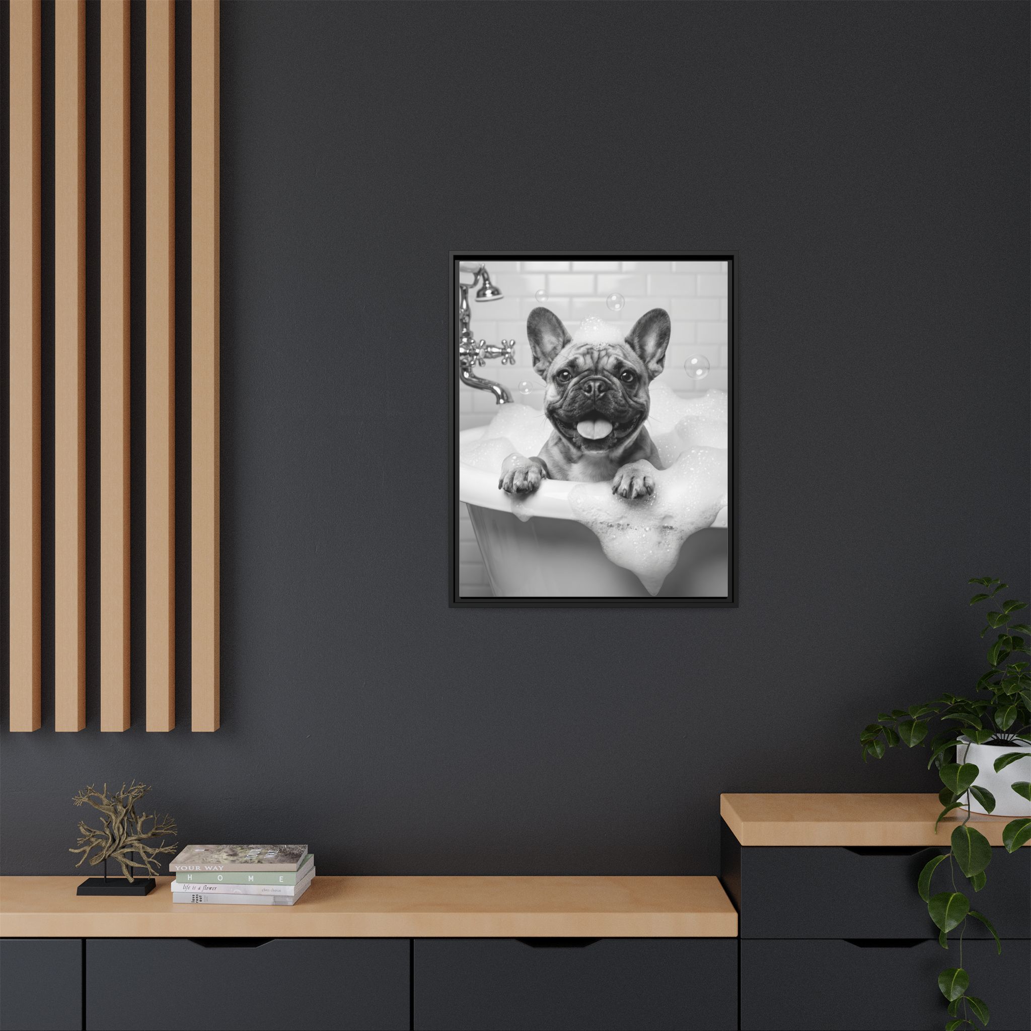 French Bulldog Bubble Bath Funny Bathroom Wall Art - Black Framed Matte Canvas - Image 12
