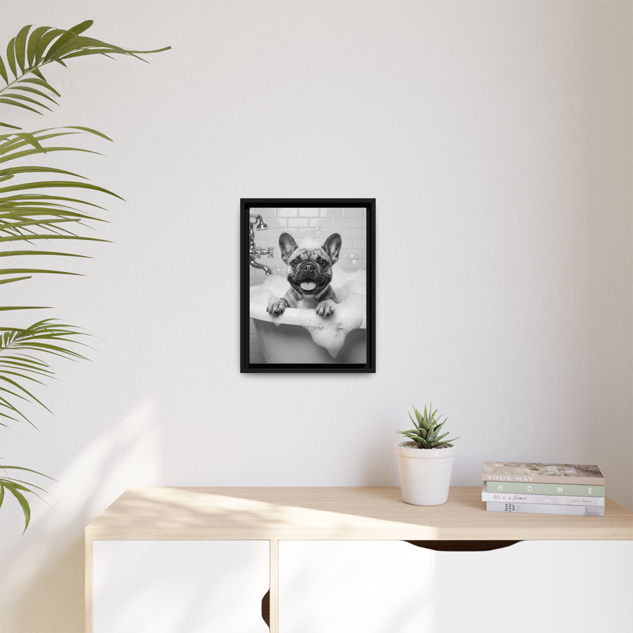French Bulldog Bubble Bath Funny Bathroom Wall Art - Black Framed Matte Canvas - Image 3