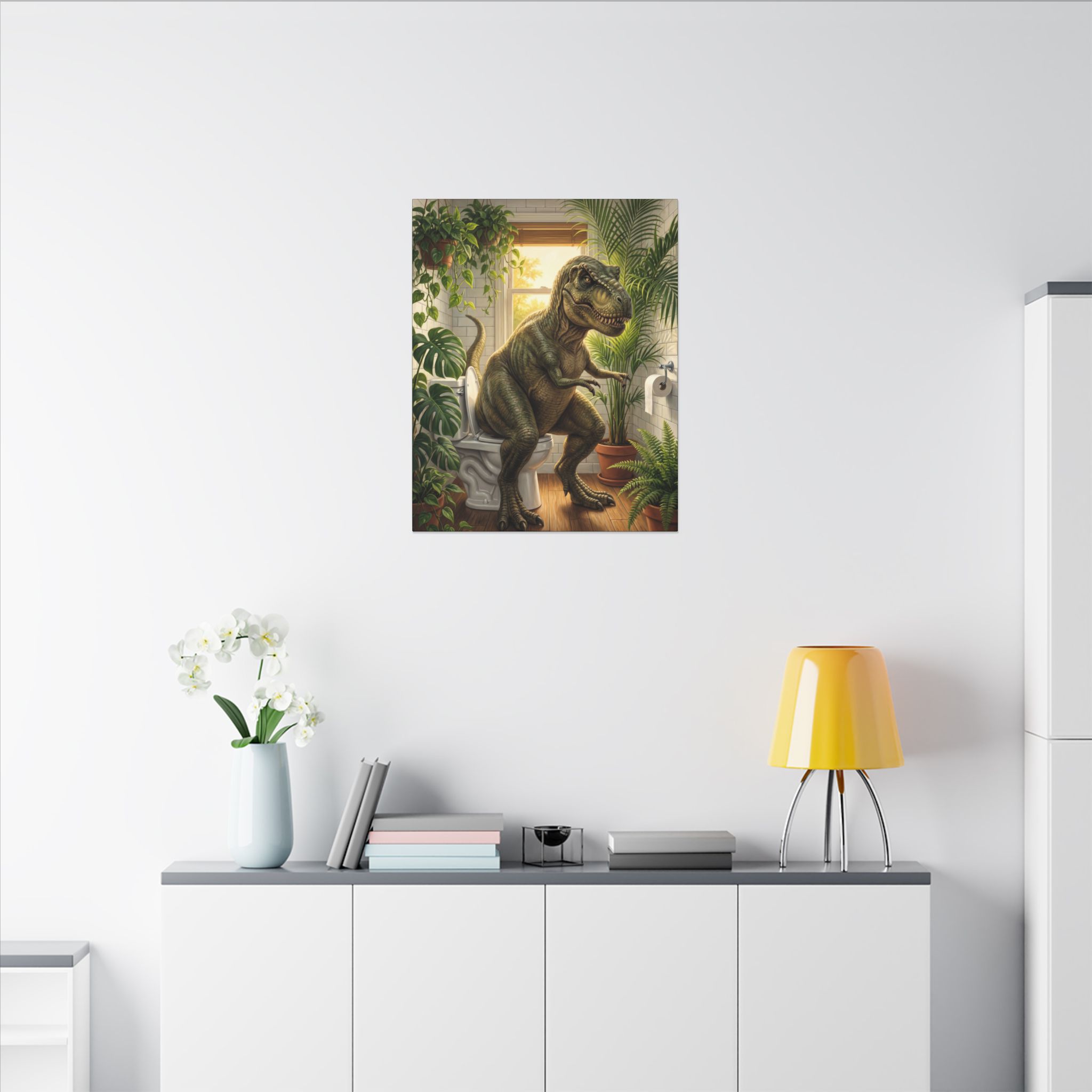 T-Rex on the Toilet Canvas Print — Funny Dinosaur Bathroom Wall Art - Image 8