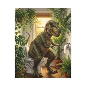 T-Rex on the Toilet Canvas Print — Funny Dinosaur Bathroom Wall Art