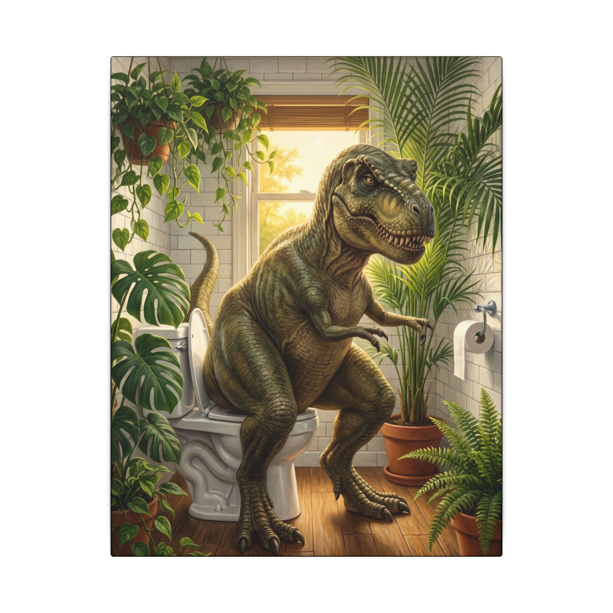 T-Rex on the Toilet Canvas Print — Funny Dinosaur Bathroom Wall Art - Image 13
