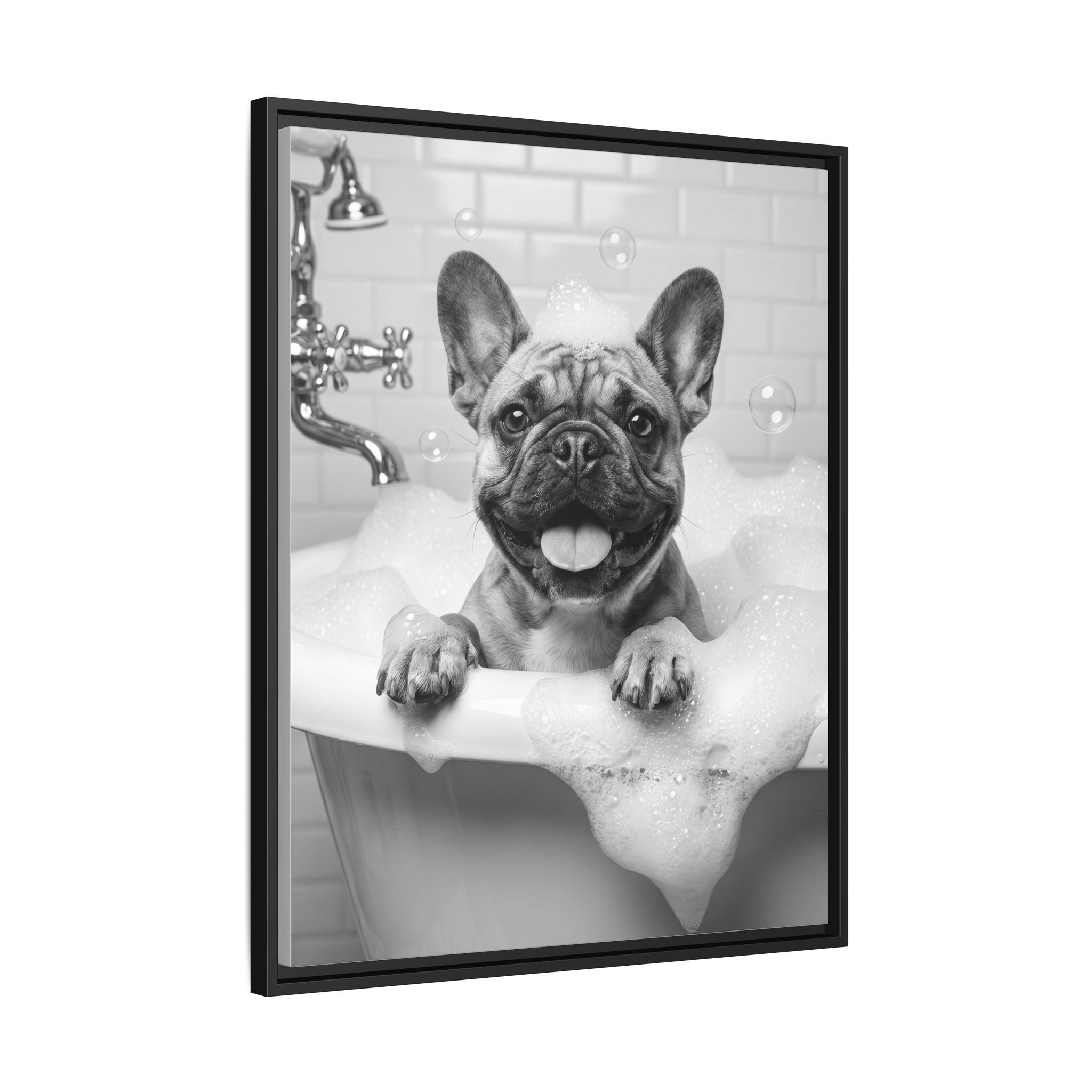 French Bulldog Bubble Bath Funny Bathroom Wall Art - Black Framed Matte Canvas - Image 10