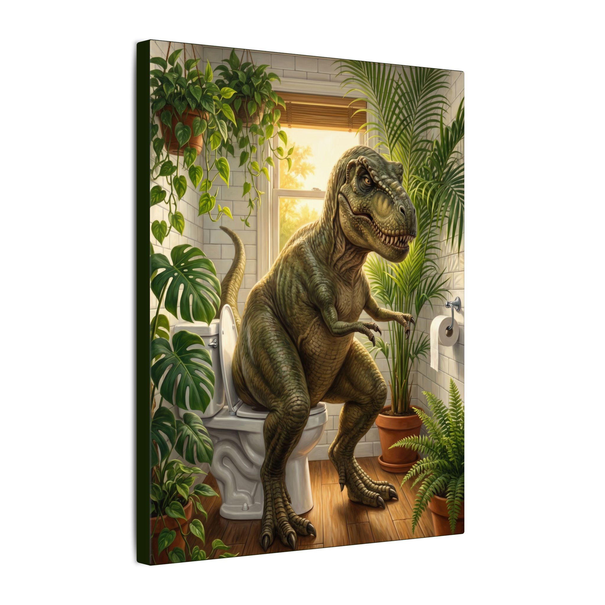 T-Rex on the Toilet Canvas Print — Funny Dinosaur Bathroom Wall Art - Image 14