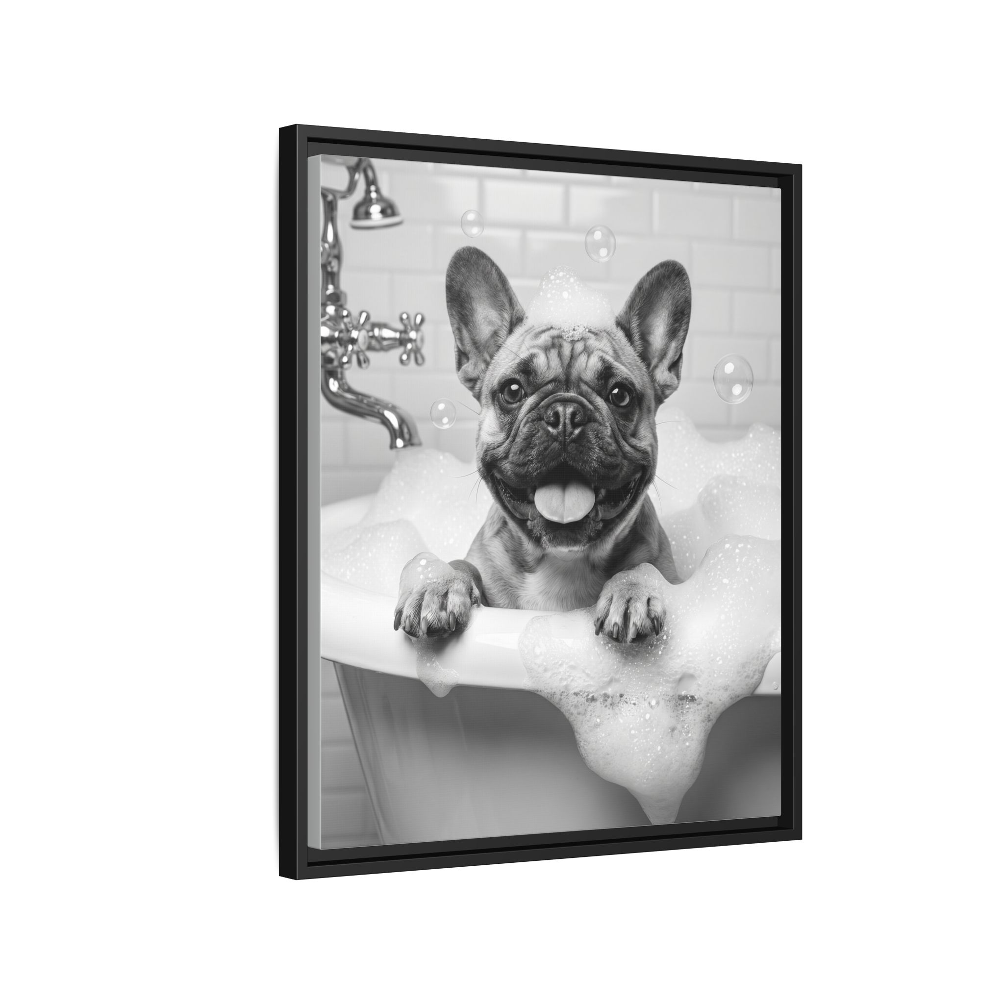 French Bulldog Bubble Bath Funny Bathroom Wall Art - Black Framed Matte Canvas - Image 14